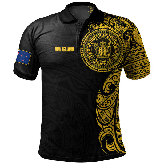 New Zealand Polo Shirt Custom Polynesian Half Sleeve Gold Tattoo With Seal Black