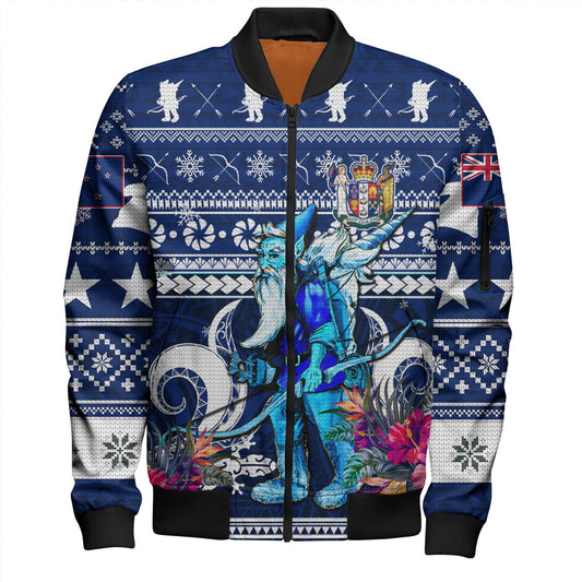 New Zealand Bomber Jacket Custom Meri Kirihimete Ugly Christmas Gnome Packing Out a Unicorn