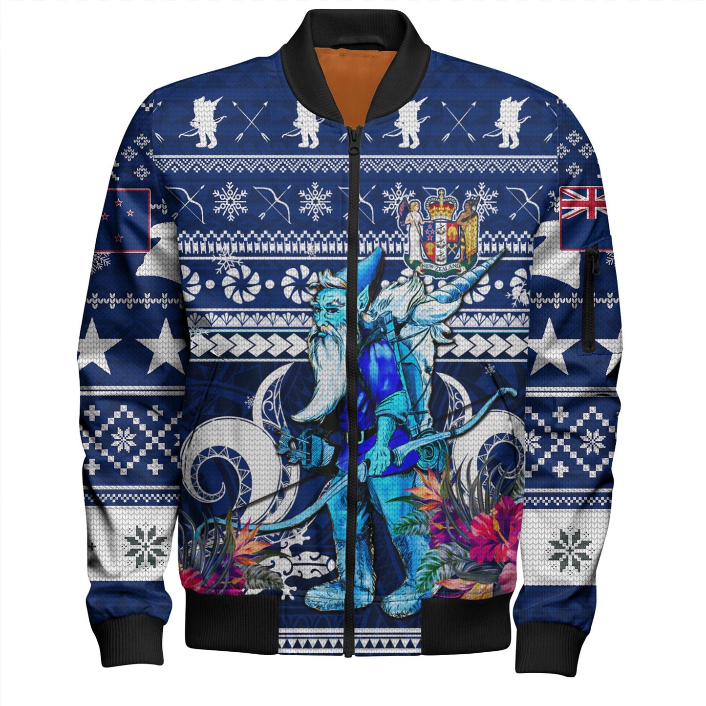 New Zealand Bomber Jacket Custom Meri Kirihimete Ugly Christmas Gnome Packing Out a Unicorn