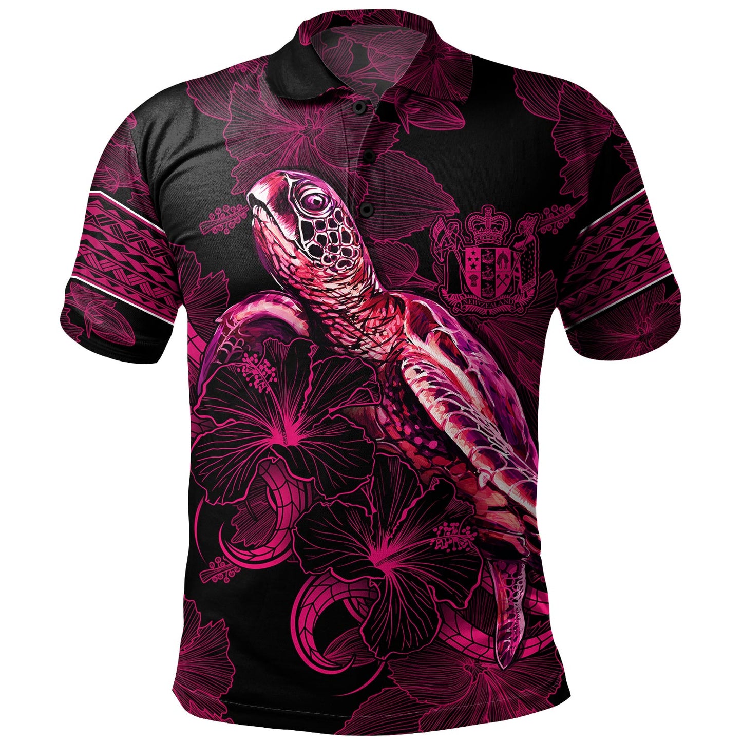 New Zealand Polo Shirt Sea Turtle With Blooming Hibiscus Flowers Tribal Maroon