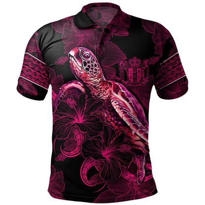 New Zealand Polo Shirt Sea Turtle With Blooming Hibiscus Flowers Tribal Maroon