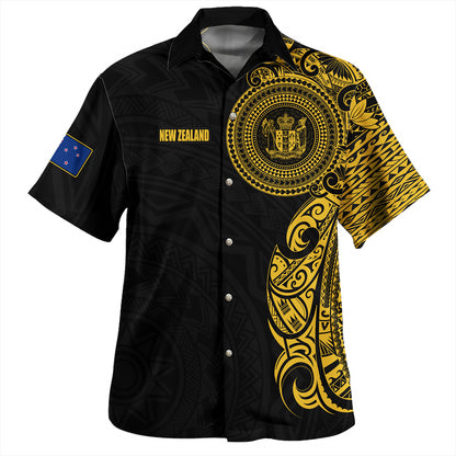 New Zealand Hawaiian Shirt Custom Polynesian Half Sleeve Gold Tattoo With Seal Black