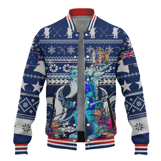 New Zealand Baseball Jacket Custom Meri Kirihimete Ugly Christmas Gnome Packing Out a Unicorn