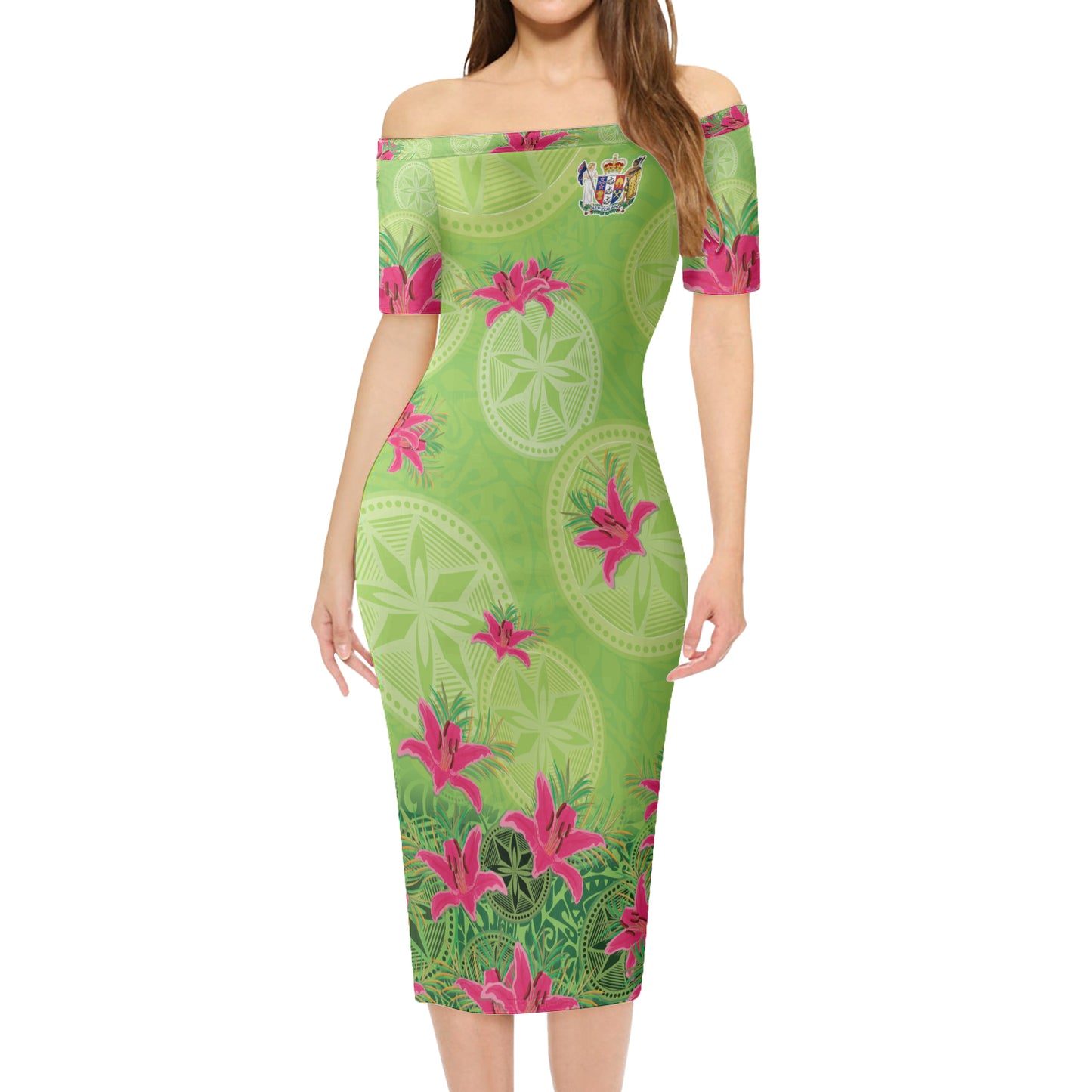 New Zealand Short Sleeve Off The Shoulder Lady Dress Lilies With Polynesian Pattern