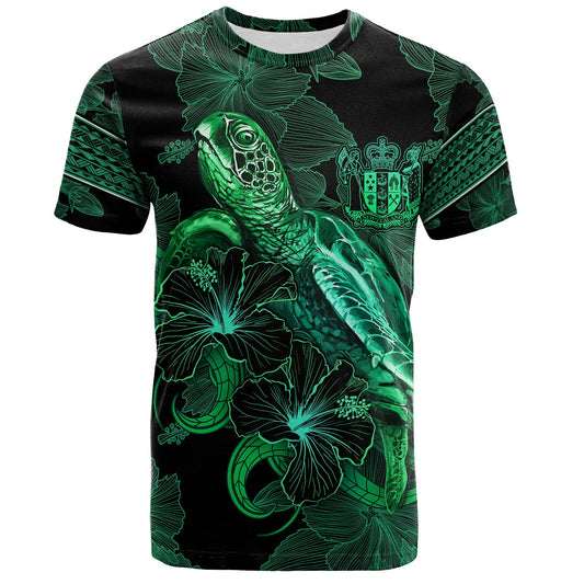 New Zealand T-Shirt  Sea Turtle With Blooming Hibiscus Flowers Tribal Green