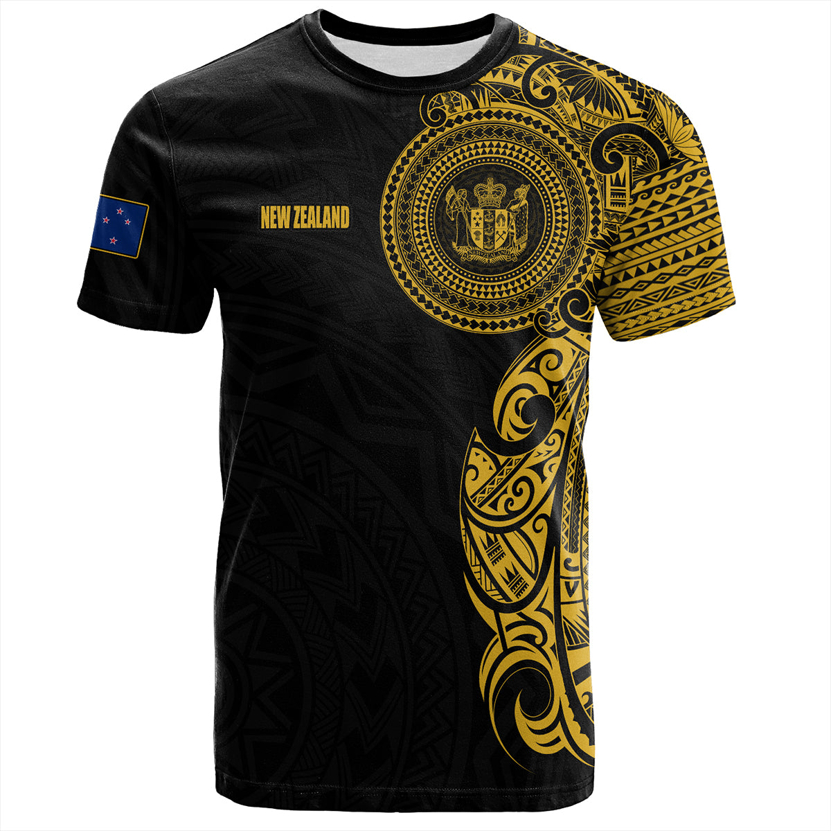 New Zealand T-Shirt Custom Polynesian Half Sleeve Gold Tattoo With Seal Black