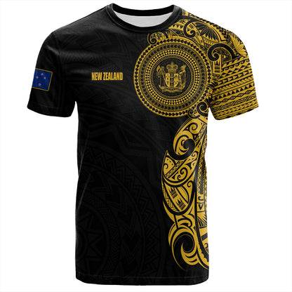 New Zealand T-Shirt Custom Polynesian Half Sleeve Gold Tattoo With Seal Black