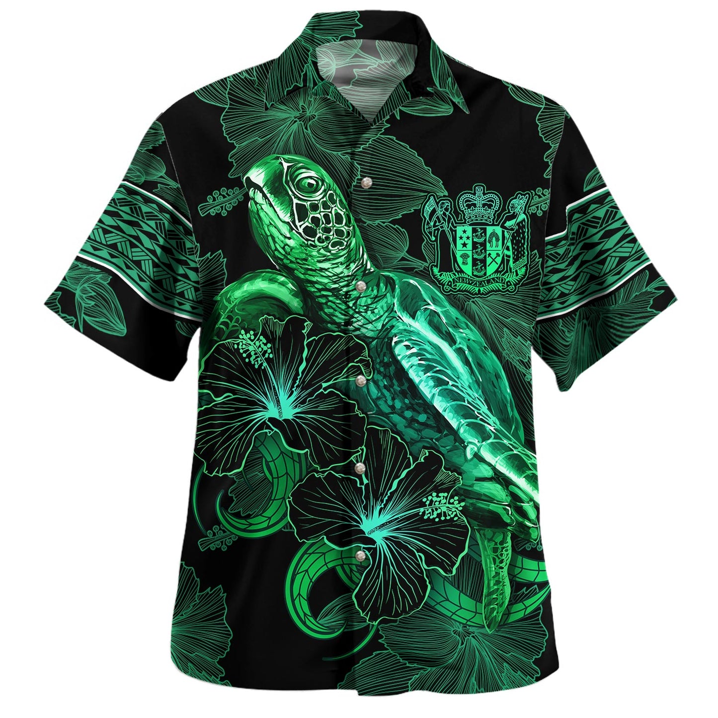 New Zealand Hawaiian Shirt  Sea Turtle With Blooming Hibiscus Flowers Tribal Green