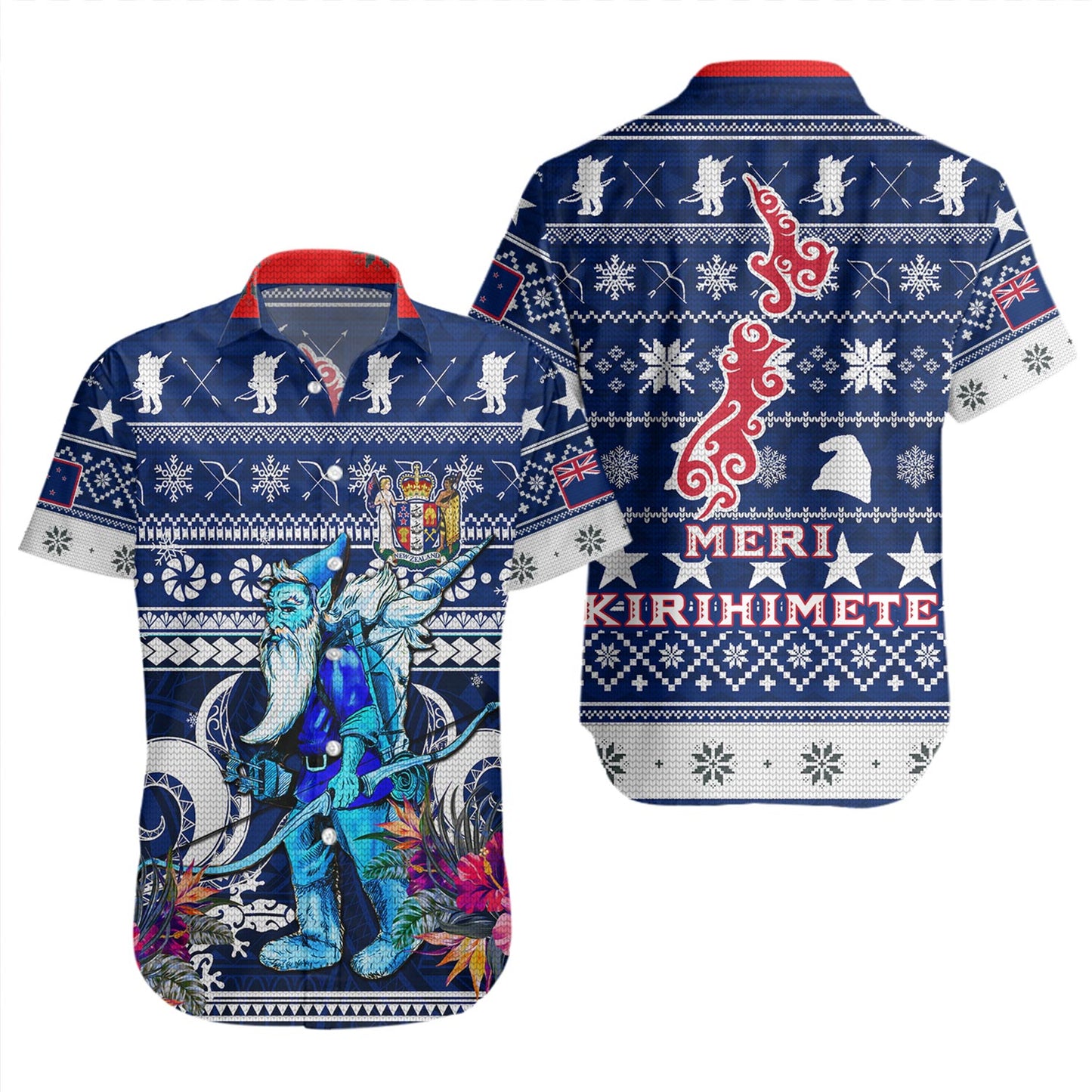 New Zealand Short Sleeve Shirt Custom Meri Kirihimete Ugly Christmas Gnome Packing Out a Unicorn