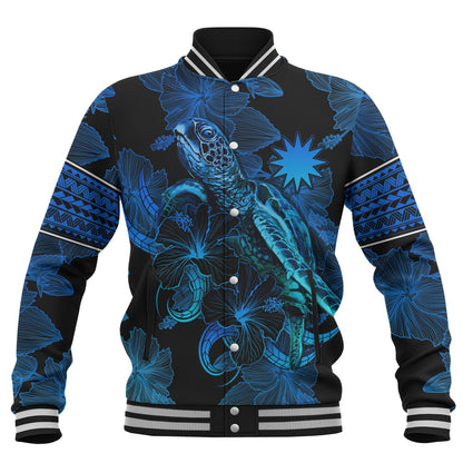 Nauru Baseball Jacket Sea Turtle With Blooming Hibiscus Flowers Tribal Blue