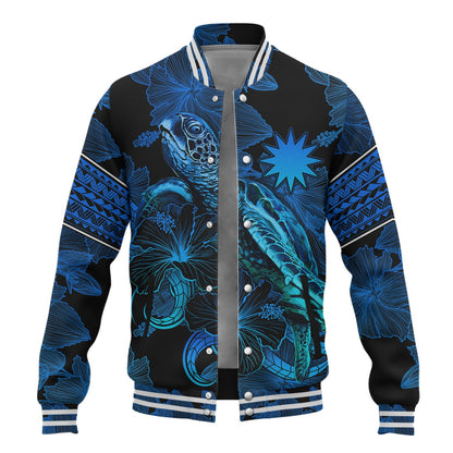Nauru Baseball Jacket Sea Turtle With Blooming Hibiscus Flowers Tribal Blue