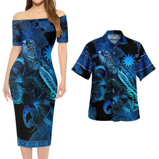 Nauru Combo Short Sleeve Dress And Shirt Sea Turtle With Blooming Hibiscus Flowers Tribal Blue
