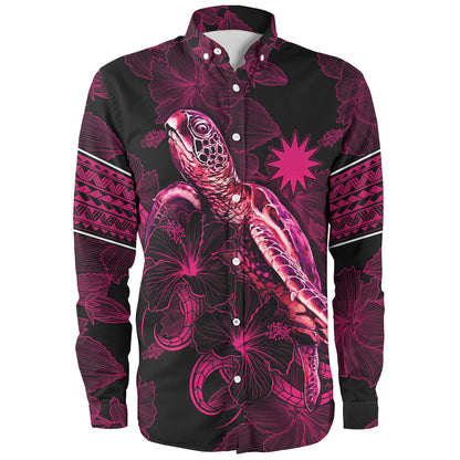 Nauru Long Sleeve Shirt Sea Turtle With Blooming Hibiscus Flowers Tribal Maroon