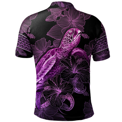Nauru Polo Shirt Sea Turtle With Blooming Hibiscus Flowers Tribal Purple