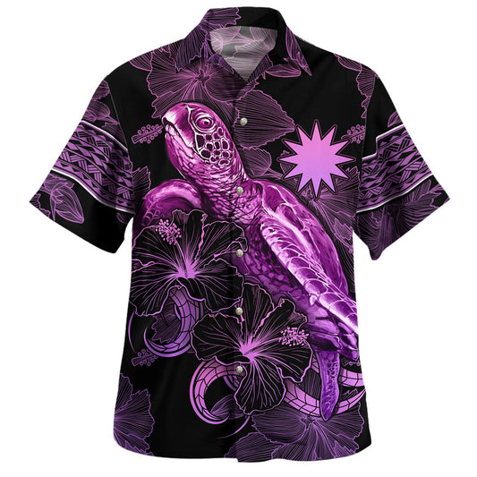 Nauru Hawaiian Shirt Sea Turtle With Blooming Hibiscus Flowers Tribal Purple