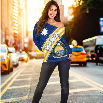 Nauru Off Shoulder Sweatshirt Flag And Coat Of Arms