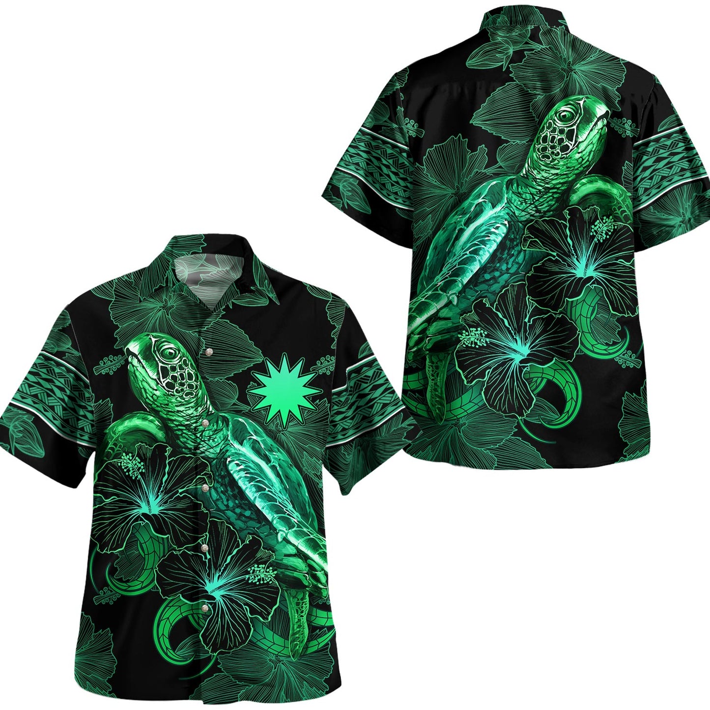 Nauru Hawaiian Shirt  Sea Turtle With Blooming Hibiscus Flowers Tribal Green