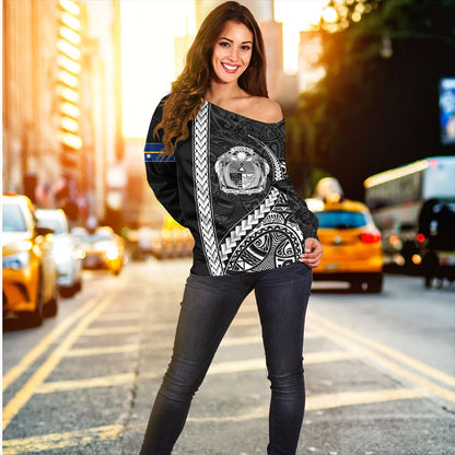 Nauru Off Shoulder Sweatshirt Tribal Micronesian Coat Of Arms