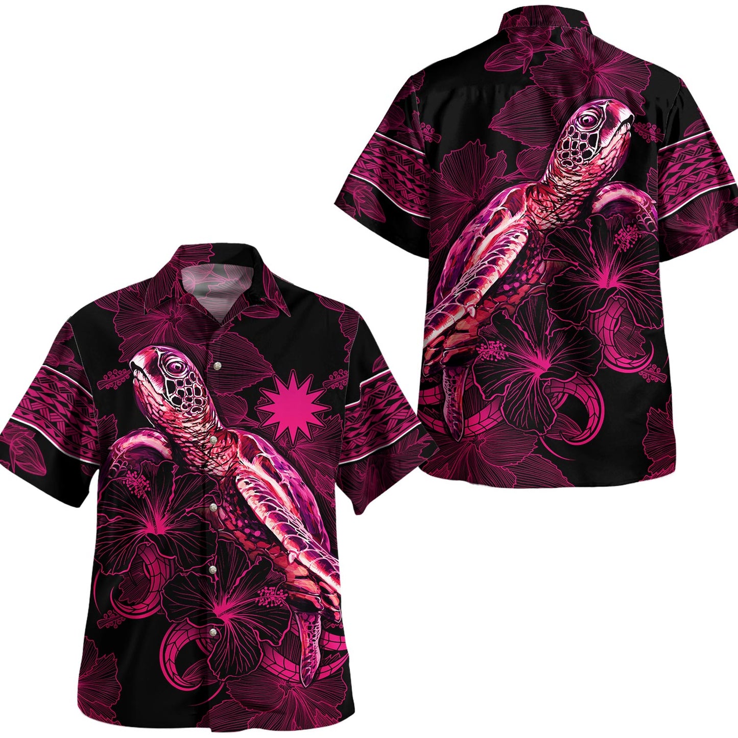 Nauru Hawaiian Shirt Sea Turtle With Blooming Hibiscus Flowers Tribal Maroon
