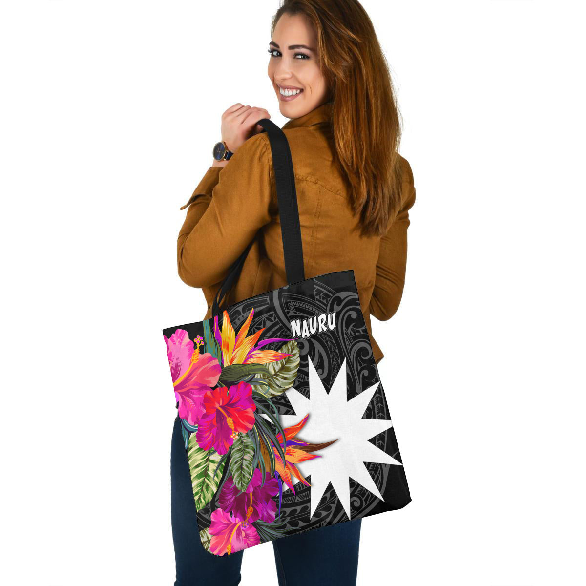 Nauru Custom Personalised Tote Bag Polynesian Hibiscus Pattern