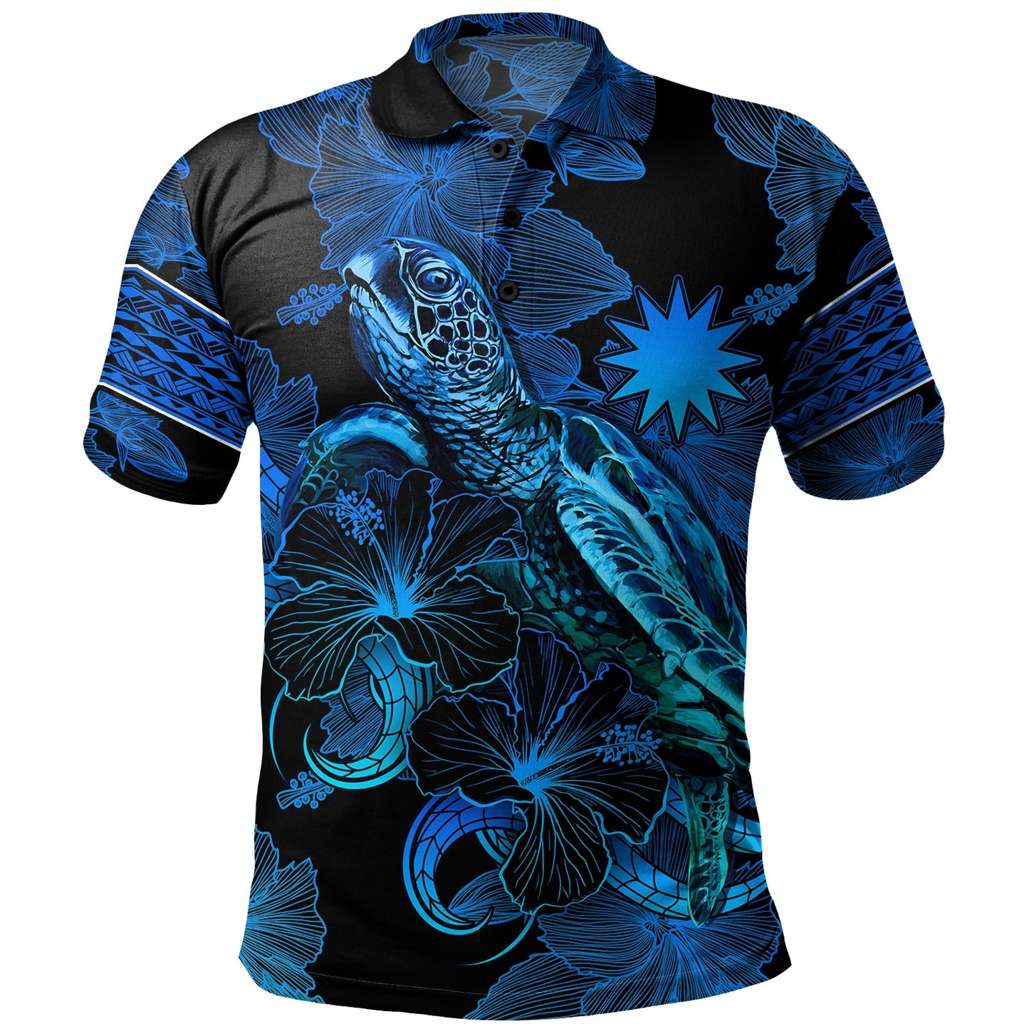 Nauru Polo Shirt Sea Turtle With Blooming Hibiscus Flowers Tribal Blue