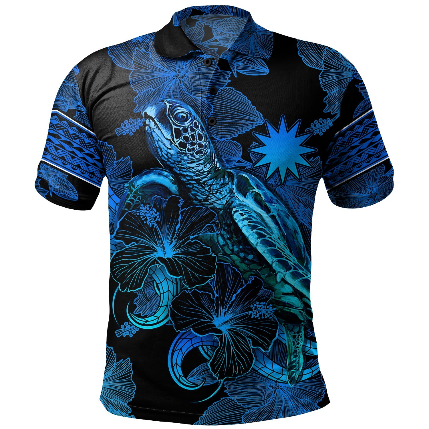 Nauru Polo Shirt Sea Turtle With Blooming Hibiscus Flowers Tribal Blue