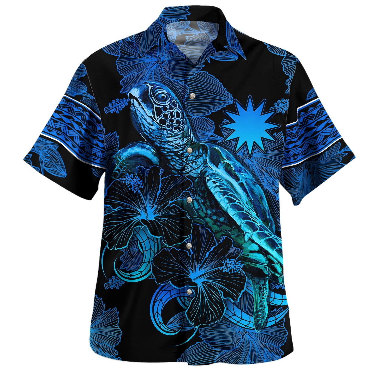 Nauru Hawaiian Shirt Sea Turtle With Blooming Hibiscus Flowers Tribal Blue
