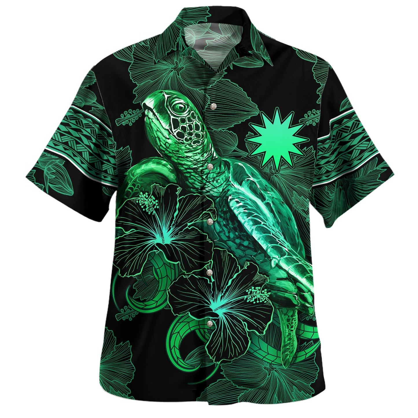 Nauru Hawaiian Shirt  Sea Turtle With Blooming Hibiscus Flowers Tribal Green