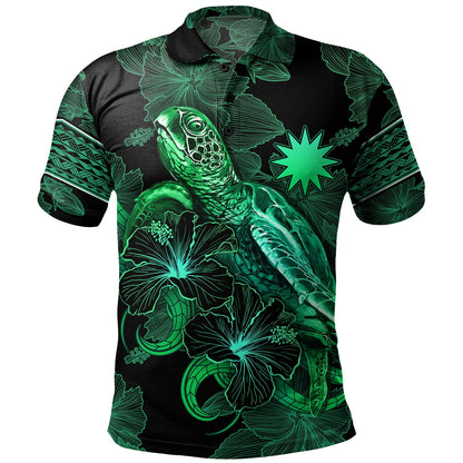 Nauru Polo Shirt  Sea Turtle With Blooming Hibiscus Flowers Tribal Green
