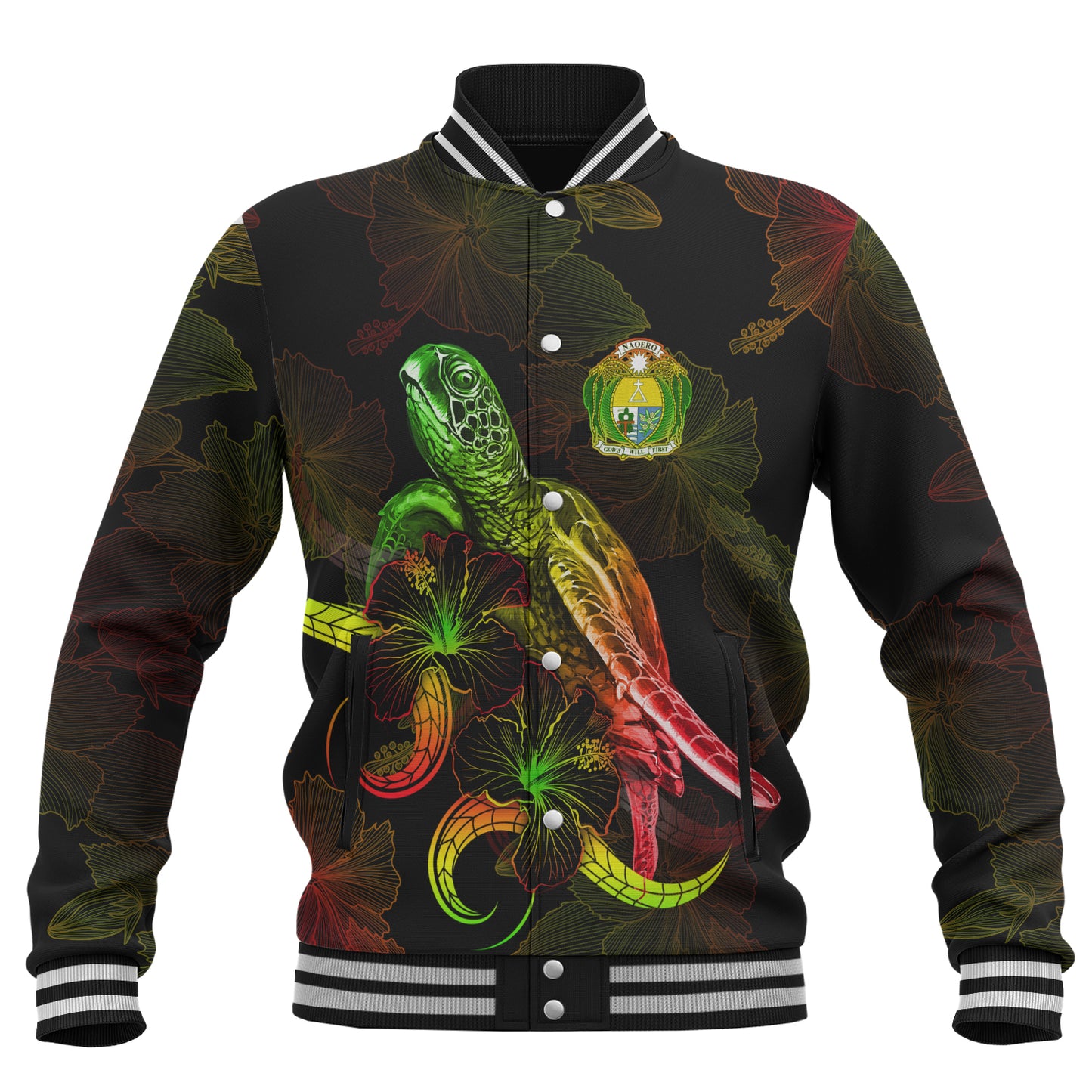Nauru Baseball Jacket Sea Turtle With Blooming Hibiscus Flowers Reggae