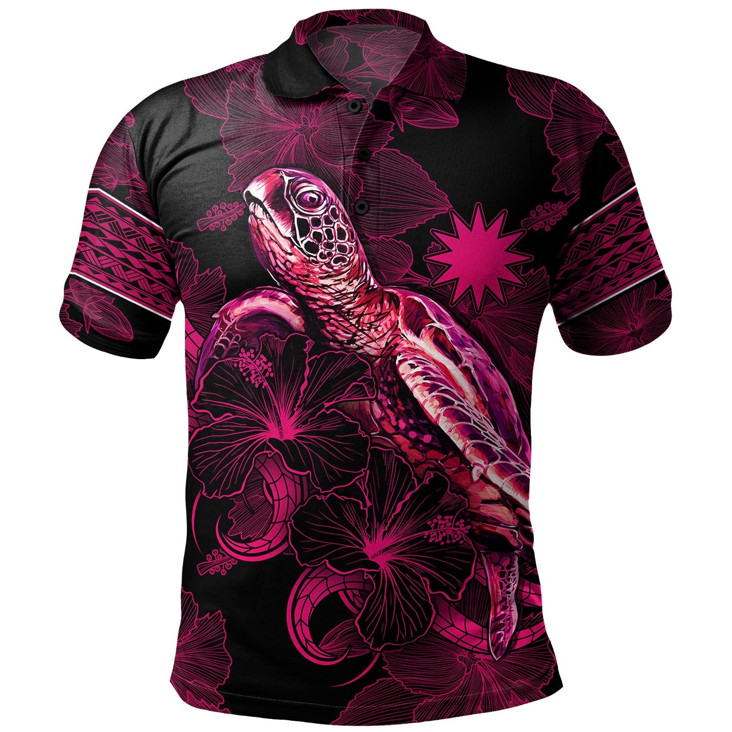 Nauru Polo Shirt Sea Turtle With Blooming Hibiscus Flowers Tribal Maroon