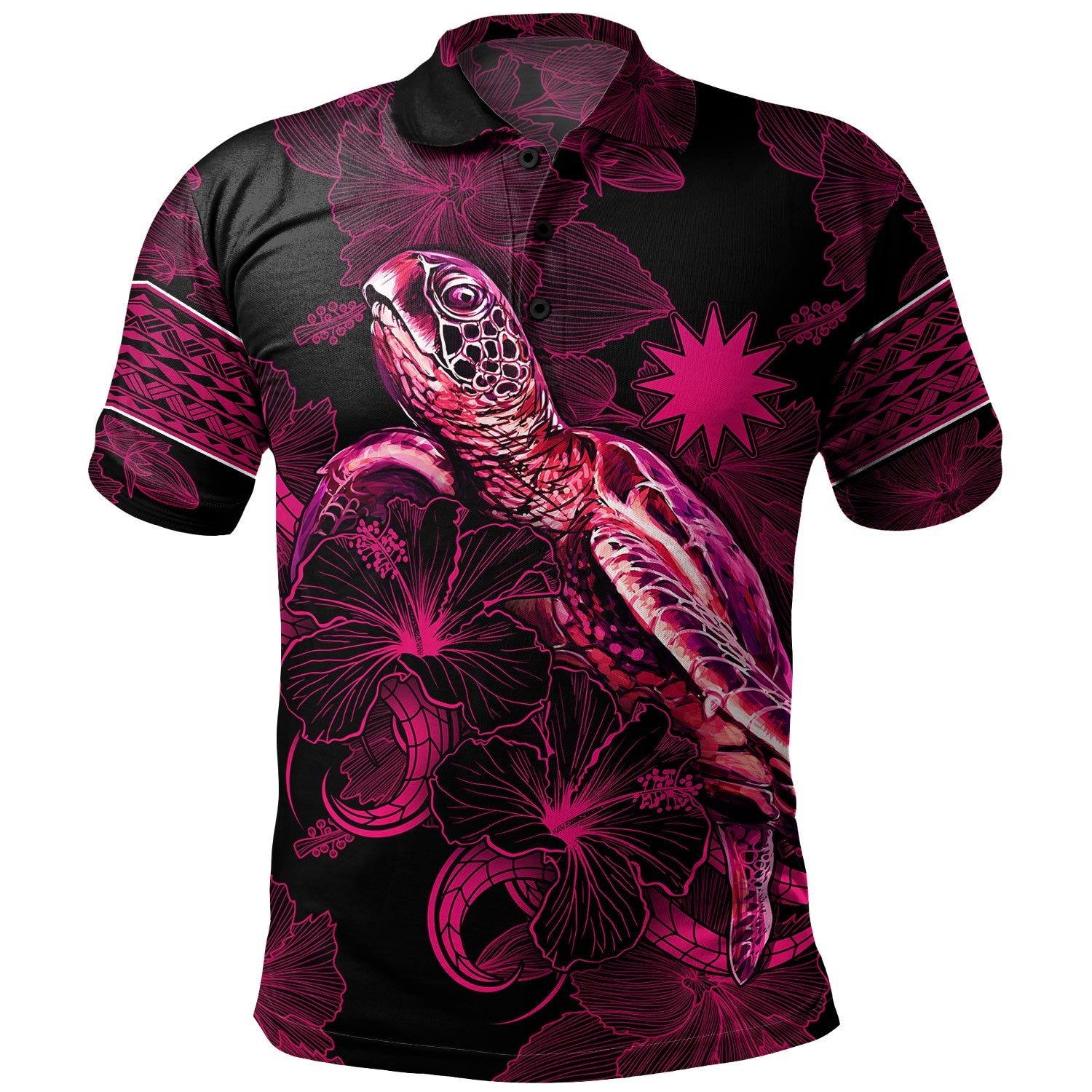 Nauru Polo Shirt Sea Turtle With Blooming Hibiscus Flowers Tribal Maroon