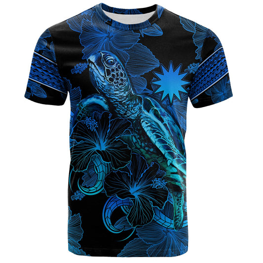 Nauru T-Shirt Sea Turtle With Blooming Hibiscus Flowers Tribal Blue
