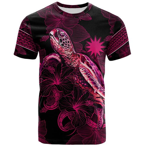 Nauru T-Shirt Sea Turtle With Blooming Hibiscus Flowers Tribal Maroon