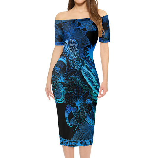 Nauru Short Sleeve Off The Shoulder Lady Dress Sea Turtle With Blooming Hibiscus Flowers Tribal Blue
