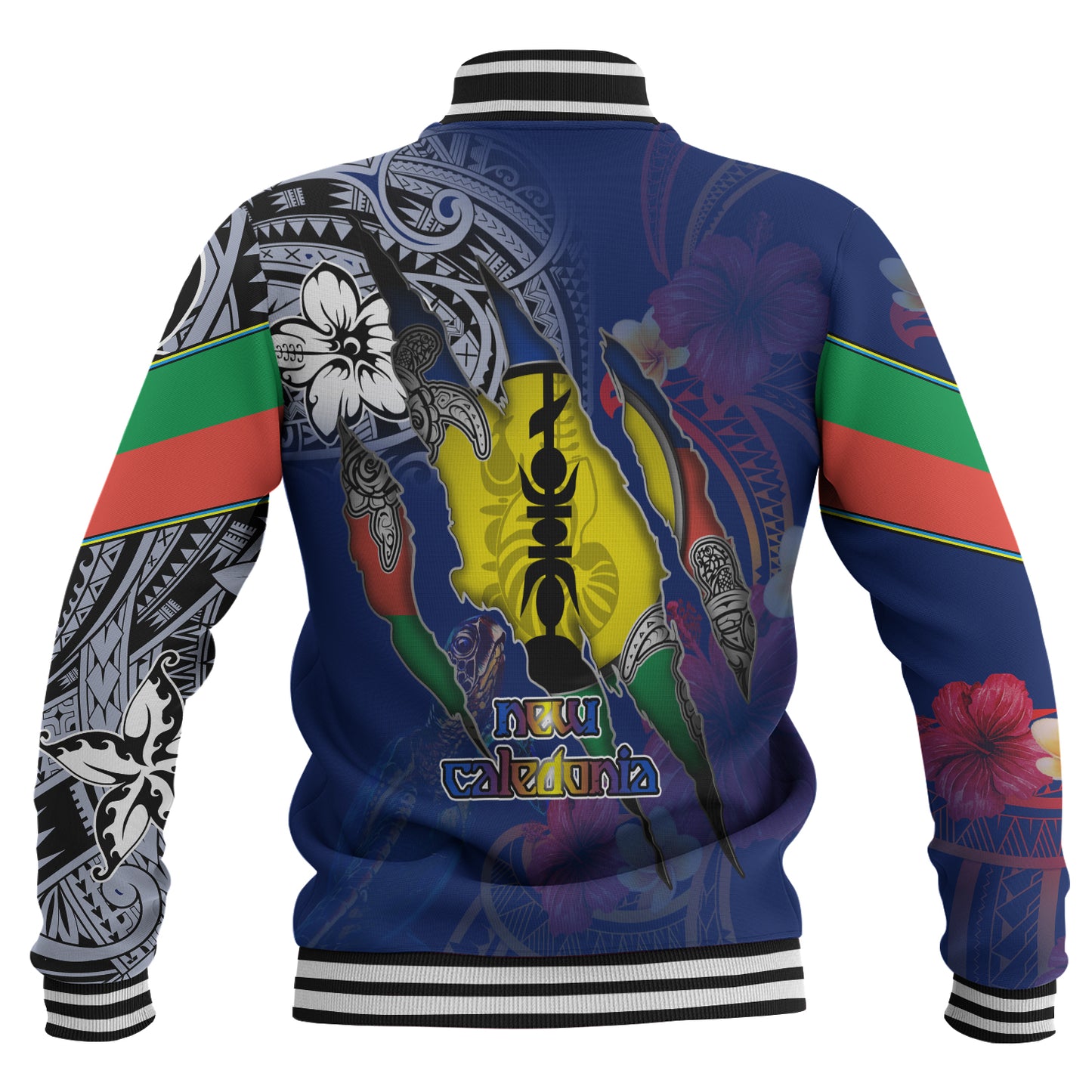 New Caledonia Baseball Jacket Custom New Caledonian Blood Inside Me Polynesian Sleeve Tattoo Tropical Blue