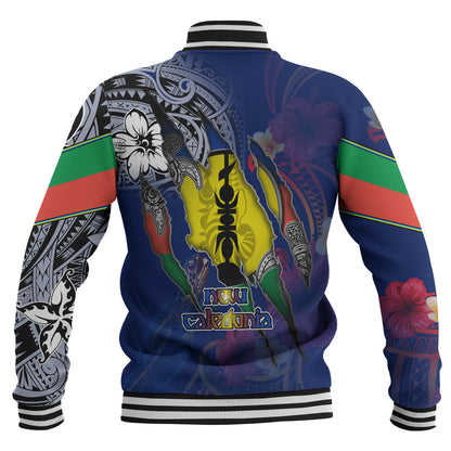 New Caledonia Baseball Jacket Custom New Caledonian Blood Inside Me Polynesian Sleeve Tattoo Tropical Blue