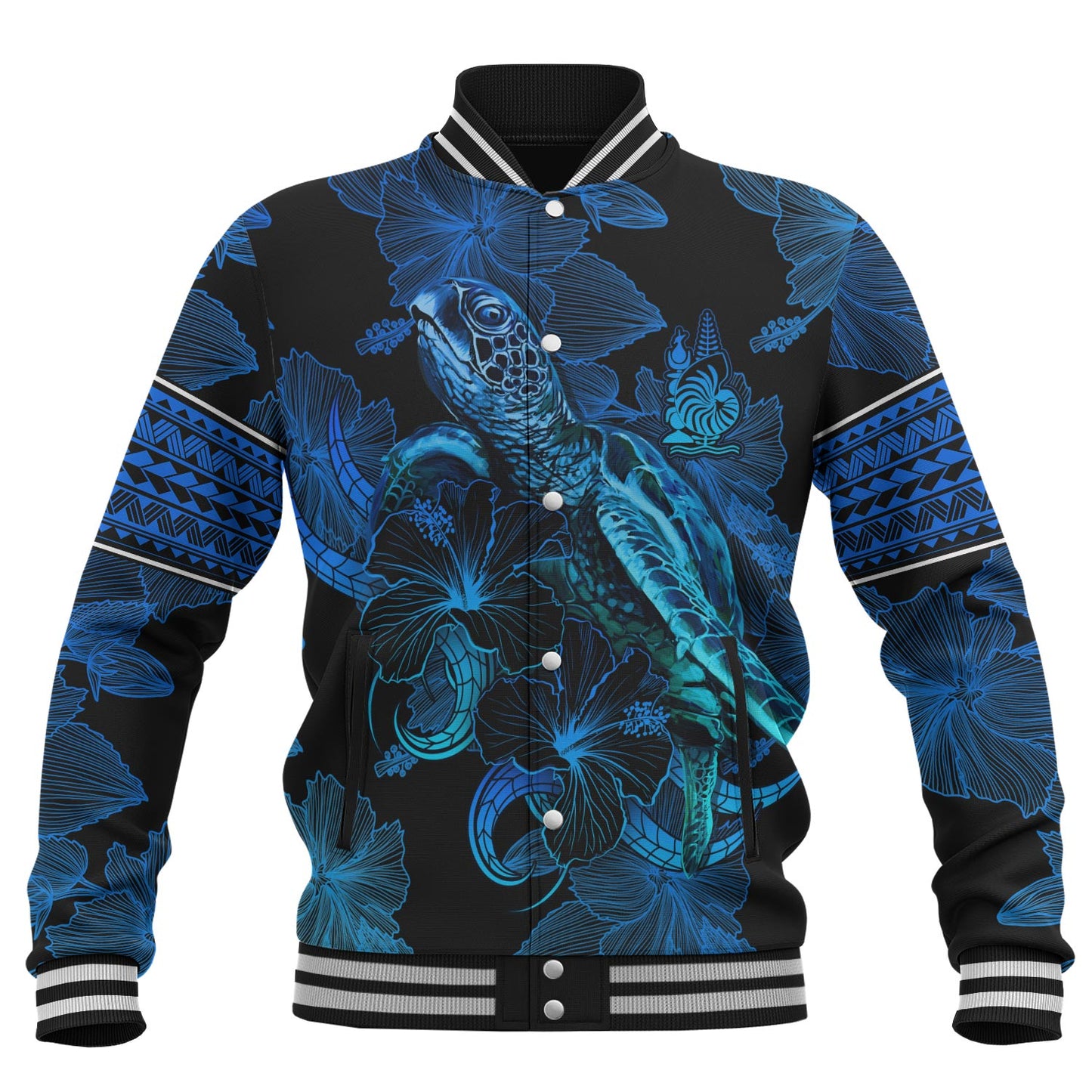 New Caledonia Baseball Jacket Sea Turtle With Blooming Hibiscus Flowers Tribal Blue