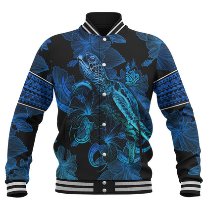 New Caledonia Baseball Jacket Sea Turtle With Blooming Hibiscus Flowers Tribal Blue