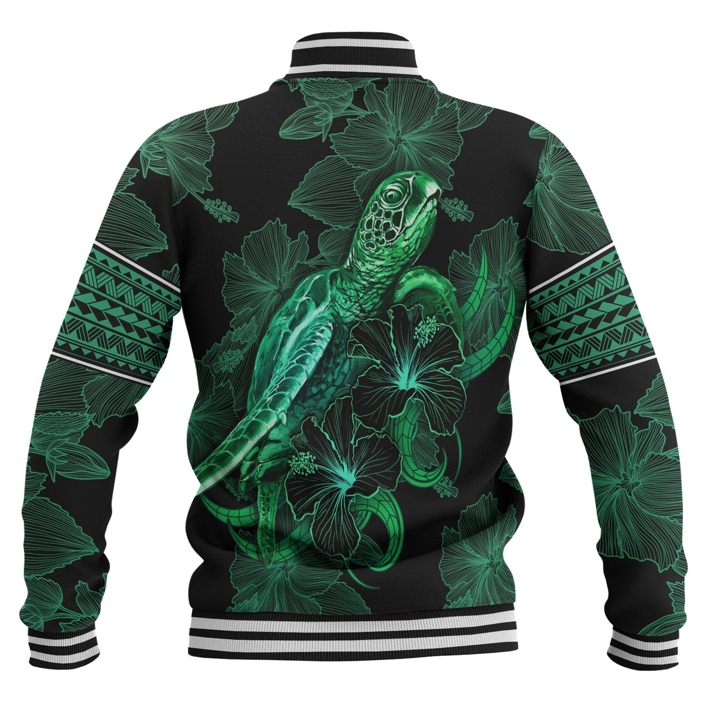 New Caledonia Baseball Jacket  Sea Turtle With Blooming Hibiscus Flowers Tribal Green
