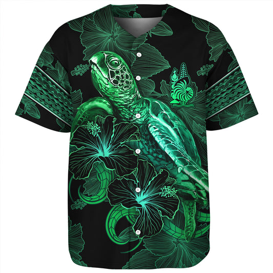 New Caledonia Baseball Shirt  Sea Turtle With Blooming Hibiscus Flowers Tribal Green