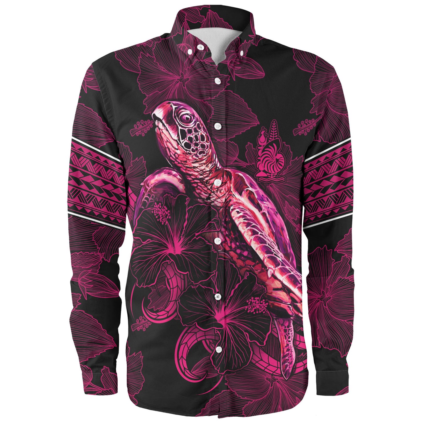 New Caledonia Long Sleeve Shirt Sea Turtle With Blooming Hibiscus Flowers Tribal Maroon