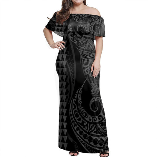 New Caledonia Off Shoulder Long Dress Kakau Style Grey
