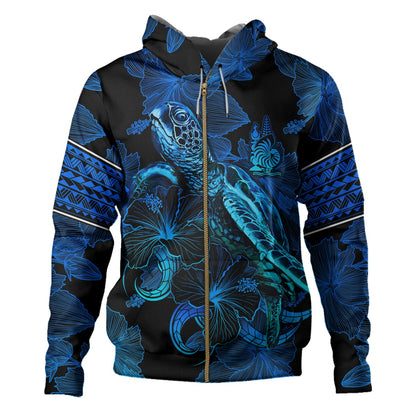 New Caledonia Hoodie Sea Turtle With Blooming Hibiscus Flowers Tribal Blue