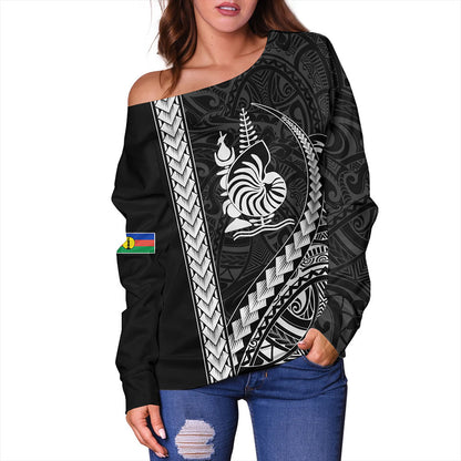 New Caledonia Off Shoulder Sweatshirt Tribal Melanesian Coat Of Arms