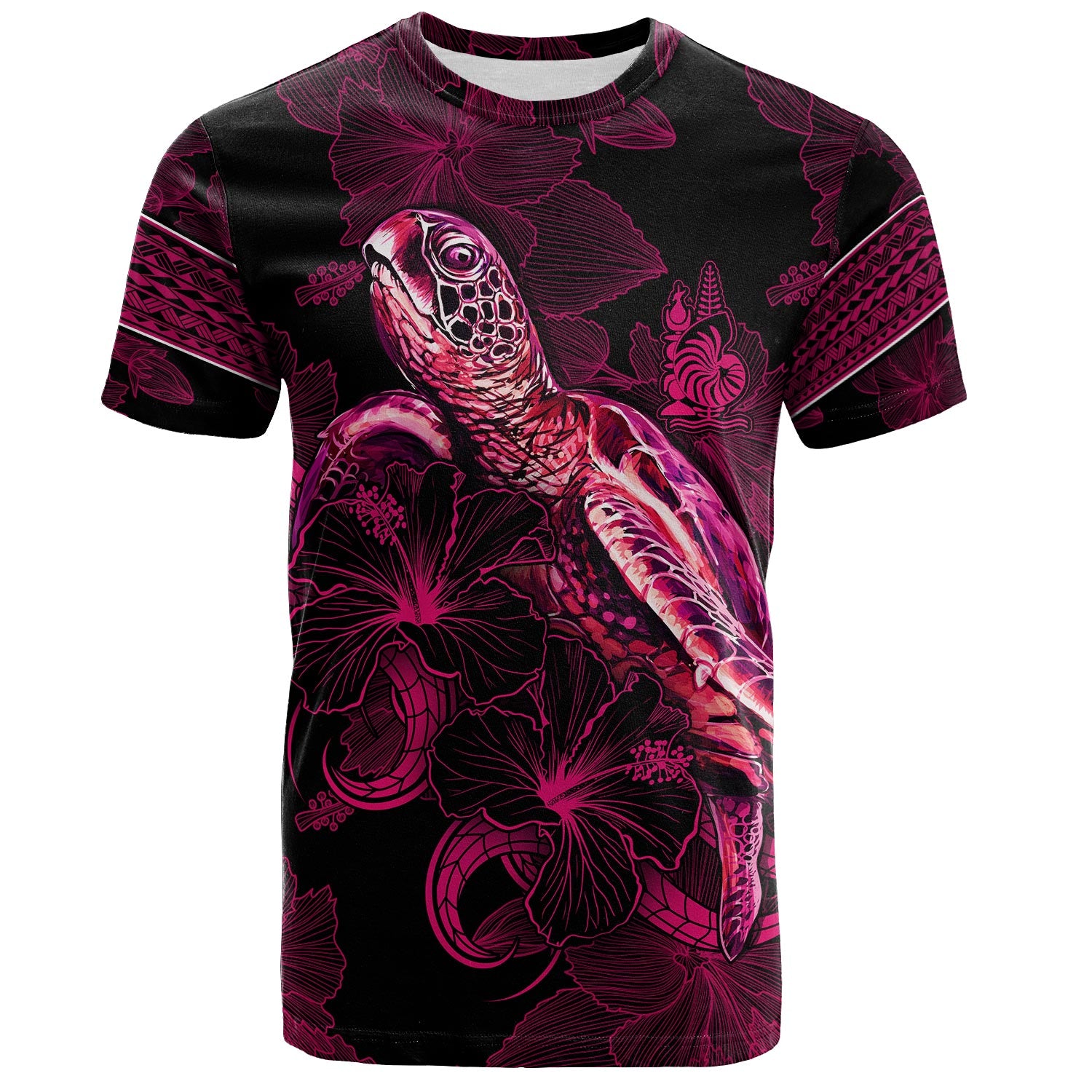 New Zealand T-Shirt Sea Turtle With Blooming Hibiscus Flowers Tribal Maroon