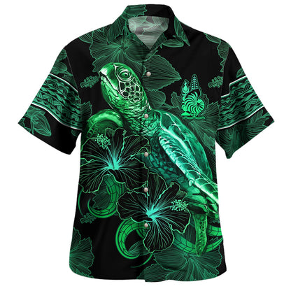 Solomon Islands Hawaiian Shirt  Sea Turtle With Blooming Hibiscus Flowers Tribal Green