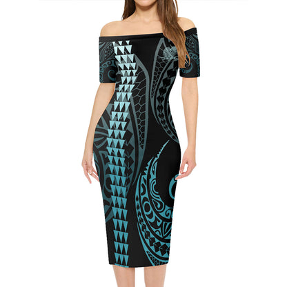 Papua New Guinea Short Sleeve Off The Shoulder Lady Dress Kakau Style Turquoise
