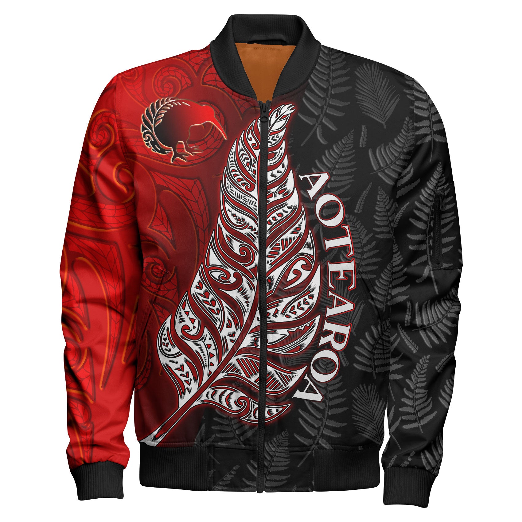 New Zealand Bomber Jacket - Aotearoa Silver Fern With Kiwi Bird Maori Style