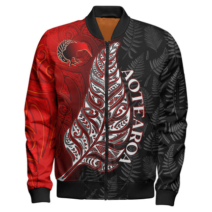 New Zealand Bomber Jacket - Aotearoa Silver Fern With Kiwi Bird Maori Style